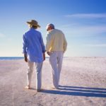 Older adults walking on the beach.